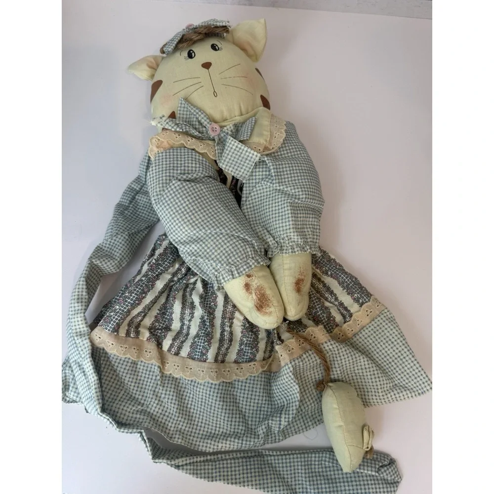 Handmade Country Cat Broom Cover / Broom Hider Cloth Doll – Blue Gingham – 19